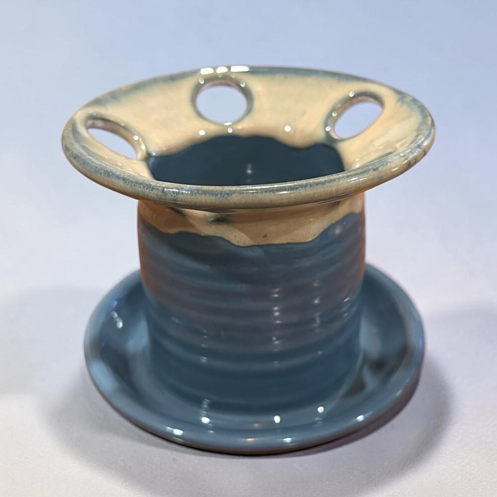 VTG Tumbleweed Pottery Bathroom Toothbrush Holder Toothpaste Caddy Blue Cream